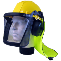 Neck shade attached to hard hat with earmuffs and visor