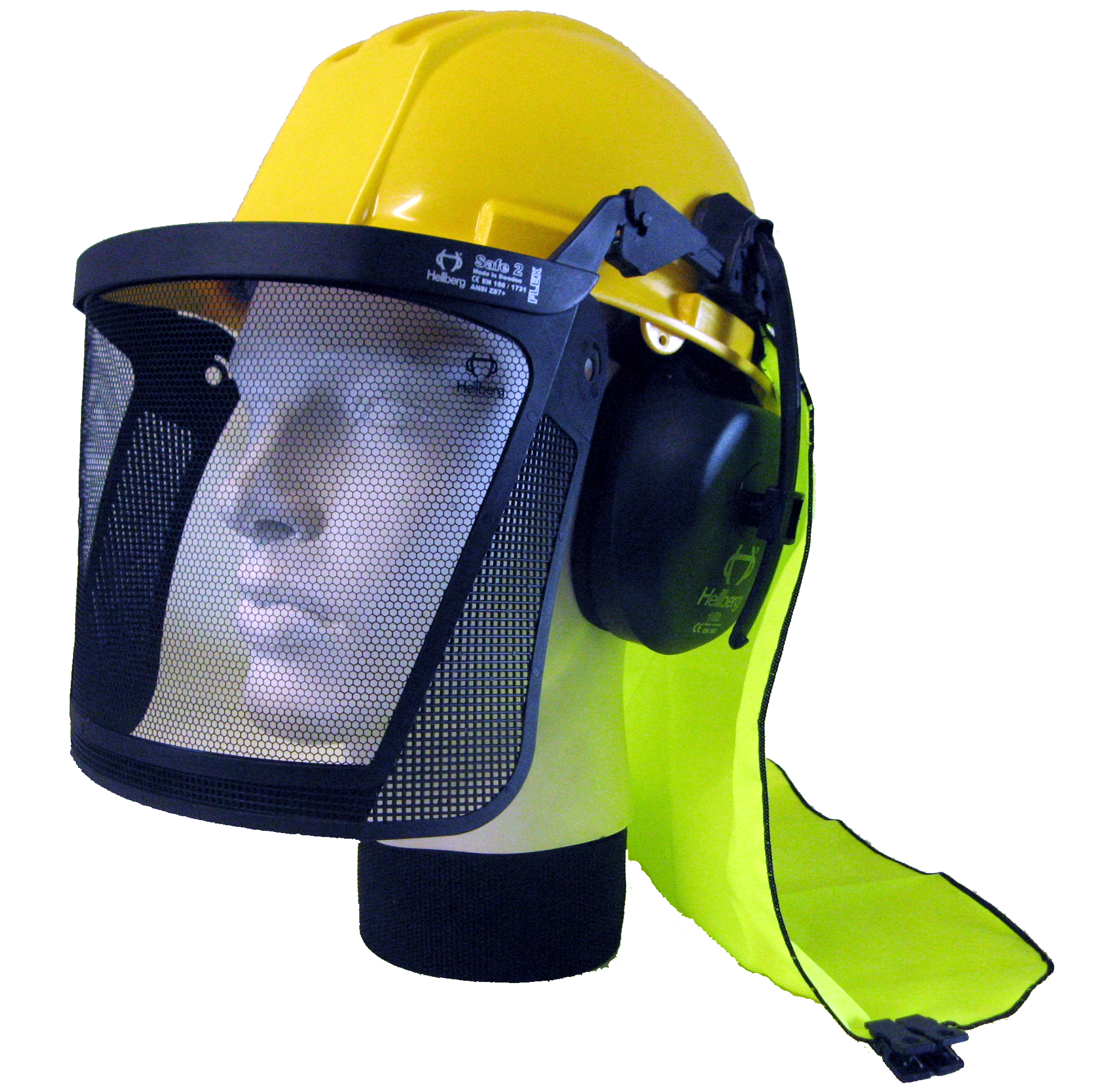 Neck shade attached to hard hat with earmuffs and visor